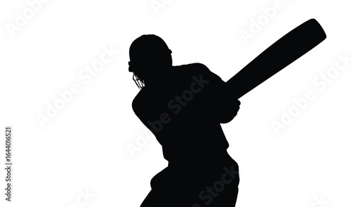 Minimalist vector silhouette of cricket batsman after playing shot, half body view, white background