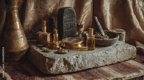 Ancient Egyptian Beauty Tools and Oils Displayed on Rustic Stone with Cultural Textures