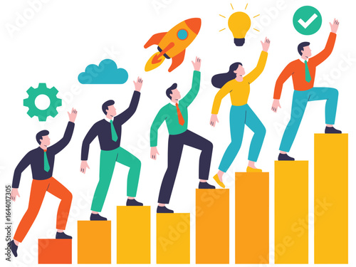 Flat design illustration of diverse professionals ascending a career ladder, symbolizing growth and achievement