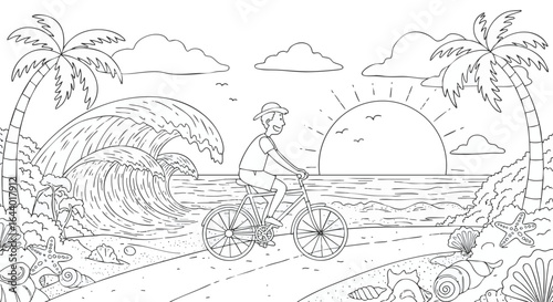 Man cycling on a beach path with a giant ocean wave, black and white coloring book page illustration for children and adults