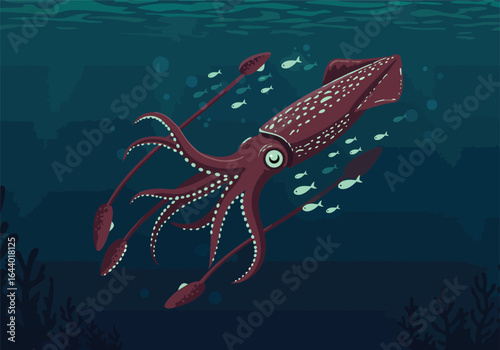 Giant Squid Amidst a School of Fish A Colorful Underwater Adventure of Sea Life and Marine Ecosystem.