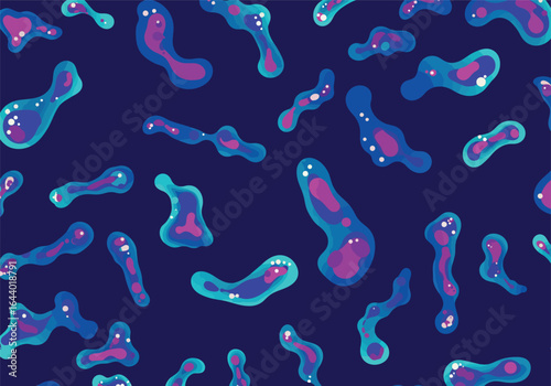 Whimsical Microbes A Playful Pattern of Abstract Amoebas on Dark Indigo Background, evoking a sense of curiosity and fascination.