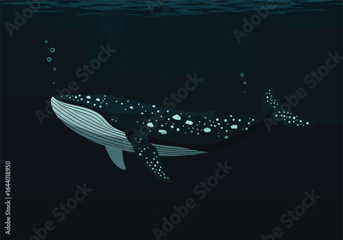Illustration of a majestic whale swimming gracefully underwater in a dark ocean, with bubbles rising towards the surface in a captivating scene.