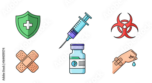 A collection of medical icons including a shield with a cross, syringe, biohazard symbol, bandages, vaccine vial, and a wounded arm.