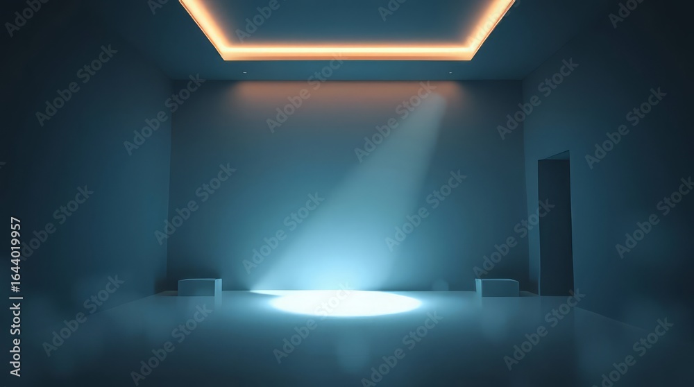 Obraz premium The Mysterious Light: A minimalist room bathed in ethereal blue light, a solitary beam illuminates the center, creating a sense of anticipation and mystery. 