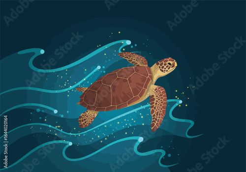 A majestic sea turtle gracefully glides through the shimmering depths of the tranquil ocean, a symbol of marine life and underwater serenity, captured in a vibrant illustration.