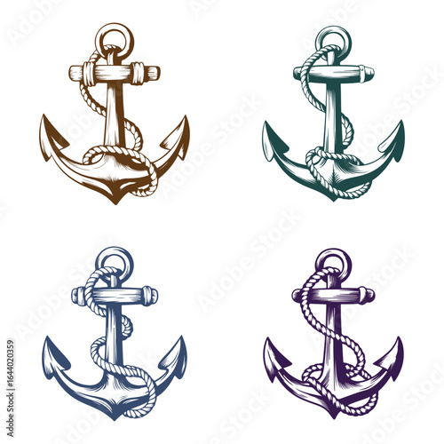 Four hand drawn nautical anchors in different colors
