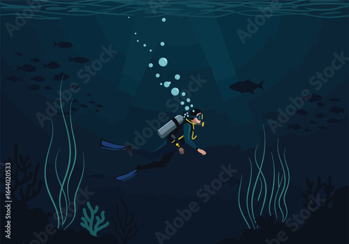 Undersea Exploration A Diver Navigates the Deep Blue Ocean, Encountering Aquatic Life and Lush Marine Vegetation During a Thrilling Adventure