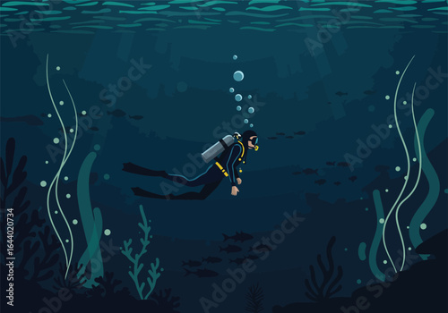 Illustration of a diver exploring the depths of the ocean, surrounded by marine life and bubbles, in a calming underwater scene.