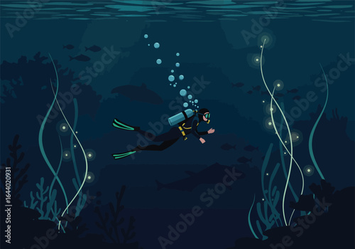 Deep Sea Scuba Diving Exploration with Bioluminescent Flora and Fauna Underwater Marine Life Adventure