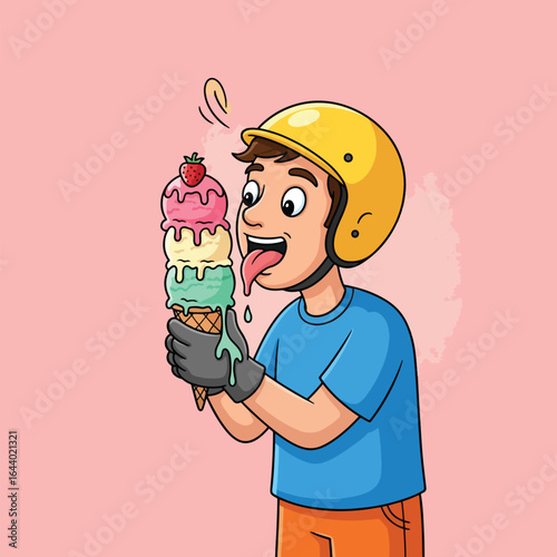 Cartoon man illustration wearing a helmet licking a giant triple scoop ice cream cone with a strawberry on top. A happy character enjoying a summer sweet treat vector graphic design (7).eps