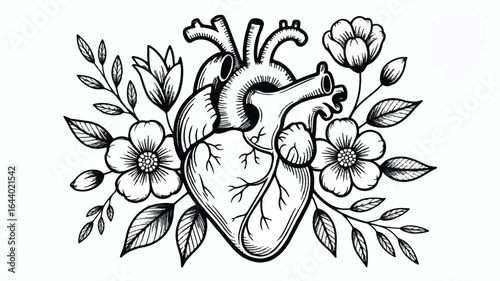 Anatomical Heart with Flowers Black and White Illustration Symbolizing Love and Health for Medical and Romantic Themes