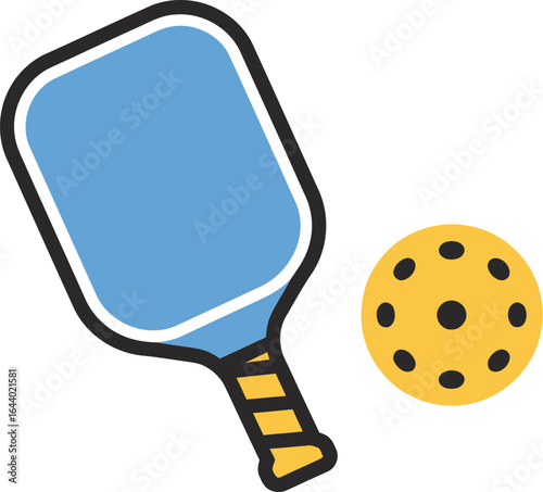 Simple black and white illustration of pickleball paddle and ball