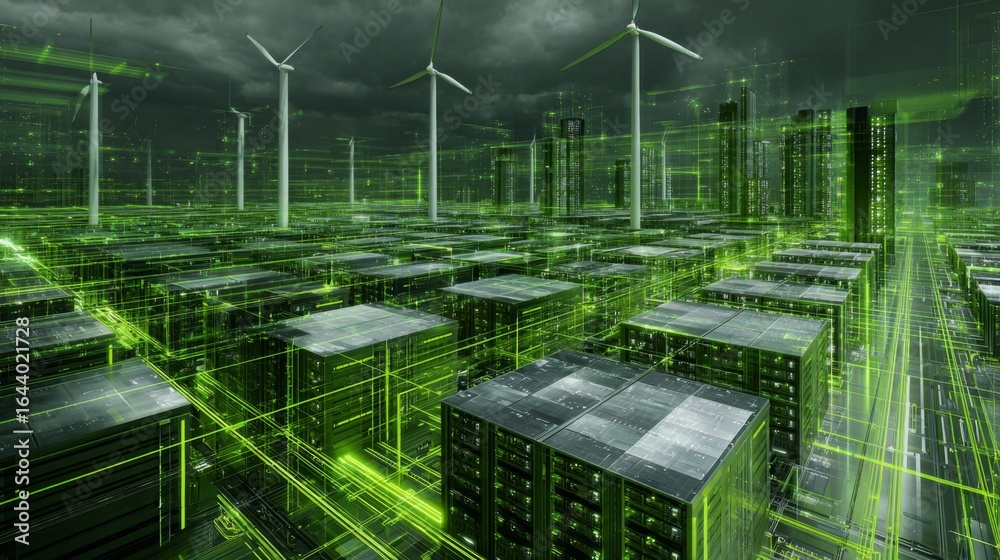 Fototapeta premium Futuristic Data Center with Green Energy Glow and Hovering Wind Turbines under Dark Clouds