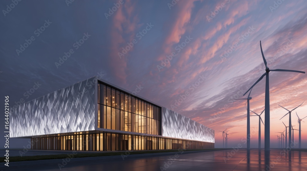 Fototapeta premium Futuristic Data Center with Wind Turbines Under Dramatic Sky at Sunset