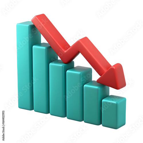 3D Render of a Decreasing Bar Graph with a Red Downward Arrow.