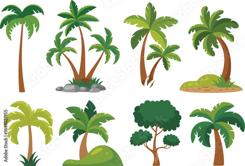 PrintCartoon tropical trees, palm tree vector set, summer island landscape, jungle nature clipart, coconut tree collection, exotic forest elements