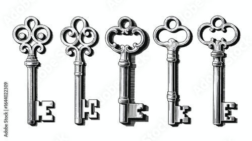 Antique Keys Illustration Set Security and Mystery Concepts Vector Graphic Resource Five Keys in a Row