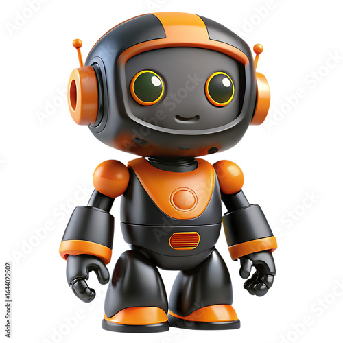 Adorable 3D rendered black and orange robot character with big eyes.