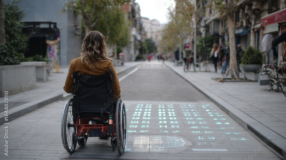 Obraz premium User in Wheelchair Navigating Smart City Streets with AI Technology for Accessible Urban Mobility