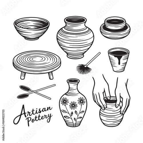 Artisan pottery collection hand drawn sketch of ceramic vessels and tools