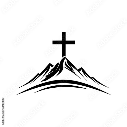 Cross on mountain simple vector logo