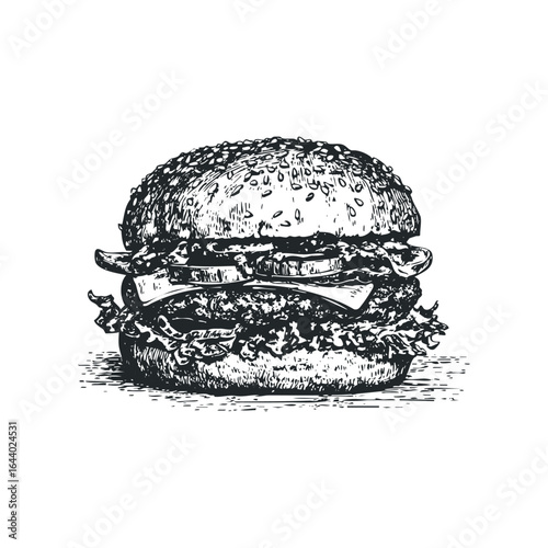 Hand drawn sketch of a classic cheeseburger with sesame seed bun and fresh ingredients