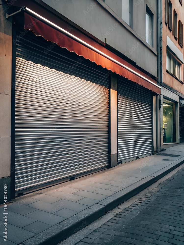 Fototapeta premium Empty cobblestone street with two closed metal storefronts and red awning, early morning light and tiled sidewalk, urban stillness concept