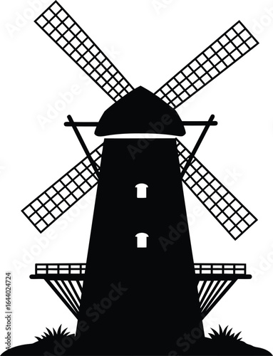 Three different styles of windmills in black silhouette on white background
