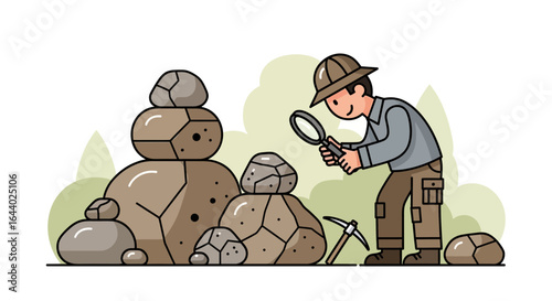Cartoon illustration of a geologist examining rocks with a magnifying glass in nature