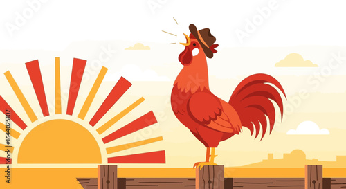 Cartoon rooster crows at sunrise, farm landscape, evoking a sense of dawn and rural life
