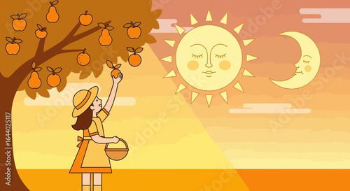 Cartoon illustration of a girl harvesting fruit under the sun and moon at sunset