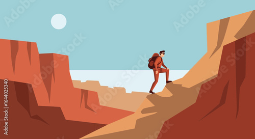 Cartoon illustration of a hiker climbing a mountain showcasing outdoor activity and determination through challenging terrain