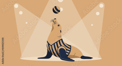 Cartoon Sea Lion Balancing Ball on Nose Under Spotlight in a Circus Setting