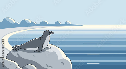 Cartoon seal on a rock gazing at the ocean with a light blue horizon scene