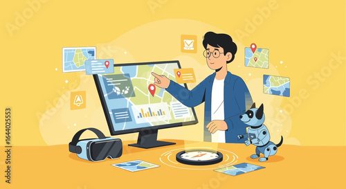 Cartoon illustration of a man using a computer for navigation and a robot dog assisting him