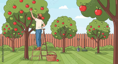 Cartoon illustration of a man picking apples from a tree in his backyard