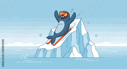 Cartoon Seal Skier having winter fun on a glacier with ski goggles and skis in the Arctic ocean