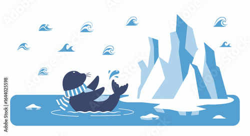 Cartoon seal wearing a scarf playing in icy waters near icebergs illustration