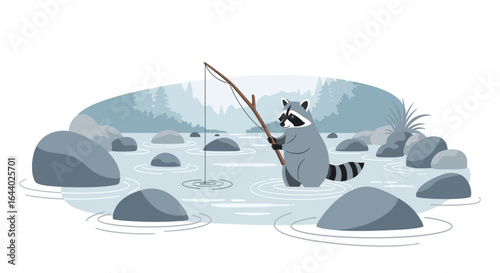 Charming Raccoon Fishing in a Serene River with a Fishing Rod Under Blue Sky Illustration