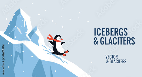 Cartoon Illustration of a Penguin Sledding Down a Snowy Hill near Icebergs