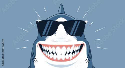 Cartoon shark with sunglasses and a big smile evoking confidence and style