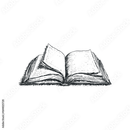 Sketch of an Open Antique Hardcover Book with Textured Pages
