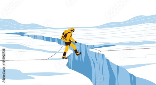 Cartoon illustration of a person crossing a crevasse on a glacier with a rope and wearing mountaineering gear