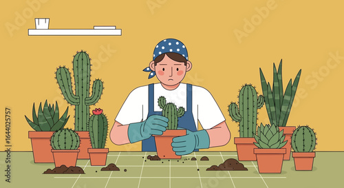 Cartoon illustration of a person transplanting cacti in pots at home gardening plants