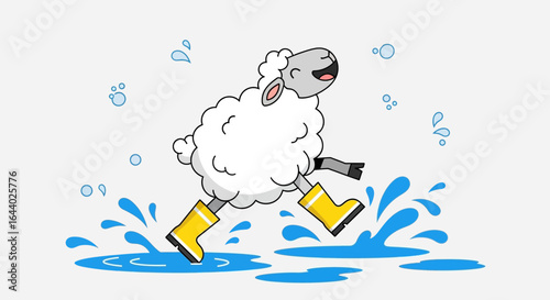 Cartoon sheep having fun jumping in puddles with yellow rain boots on a rainy day