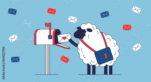 Cartoon Sheep Mailman Delivers a Love Letter in a Mailbox Illustration isolated
