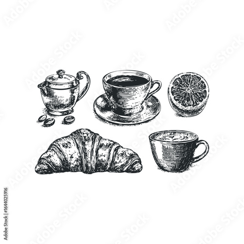 Espresso cup, croissant, and citrus slice with coffee beans sketch