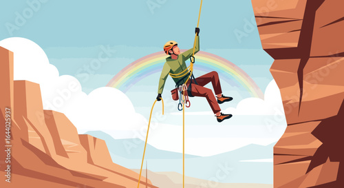 Cartoon illustration of a rock climber rappelling down a cliff face under a rainbow with safety equipment and scenic background