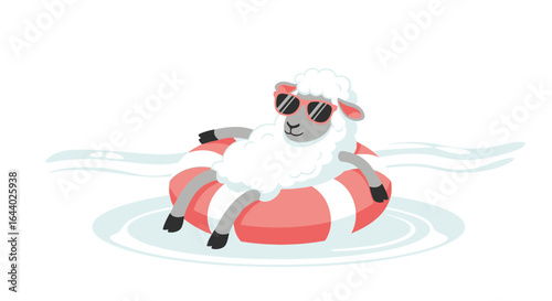 Cartoon Sheep Relaxing On A Float In The Water With Sunglasses On Summer